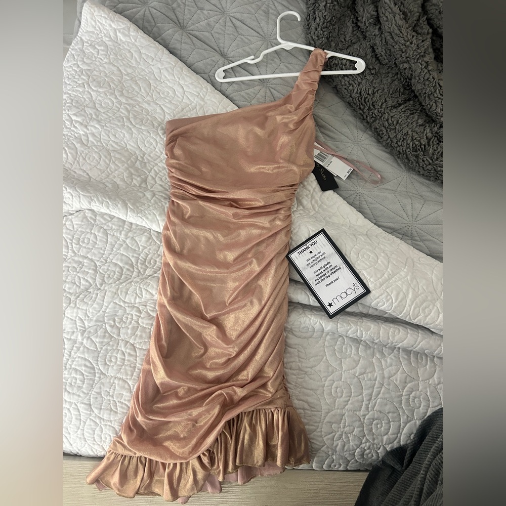 One shoulder rose gold hoco dress
